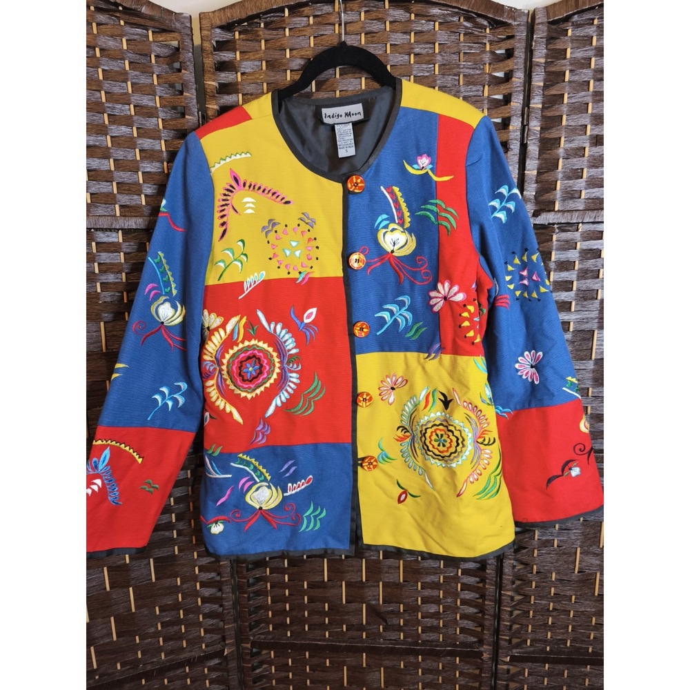 Indigo Moon Jacket Womens Small Patchwork‎ Embroidered Botanical Tribal Boho